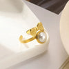 Wholesale Jewelry Stainless Steel Imitation Pearl Geometric Love Cross Open Ring With Electroplating And Retro Style