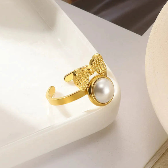 Wholesale Jewelry Stainless Steel Imitation Pearl Geometric Love Cross Open Ring With Electroplating And Retro Style