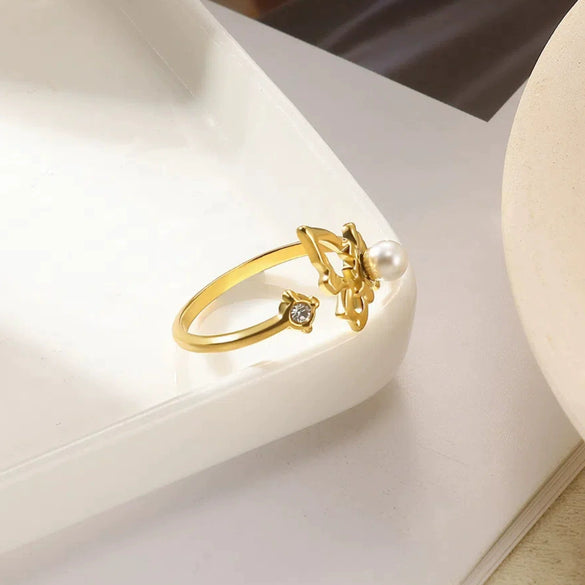 Wholesale Jewelry Stainless Steel Imitation Pearl Geometric Love Cross Open Ring With Electroplating And Retro Style
