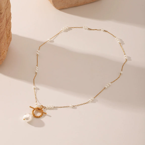 Wholesale Jewelry Stainless Steel Imitation Pearl Geometric Pendant Necklace With Electroplating For Women
