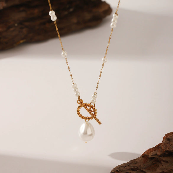 Wholesale Jewelry Stainless Steel Imitation Pearl Geometric Pendant Necklace With Electroplating For Women