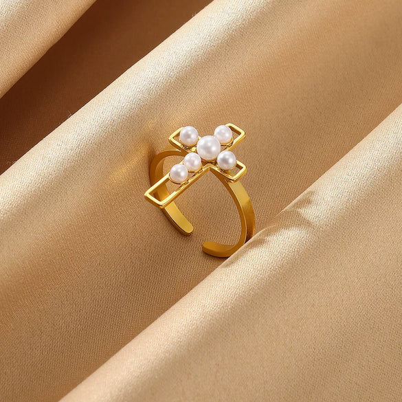 Wholesale Jewelry Stainless Steel Imitation Pearl Inlaid 18K Goldplated Geometric Ring With Cross Devil Gun Design