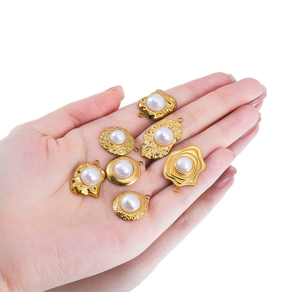 Wholesale Jewelry Stainless Steel Imitation Pearl Pendant With Round Irregular Bow Pattern Gold Plated Handmade Accessories