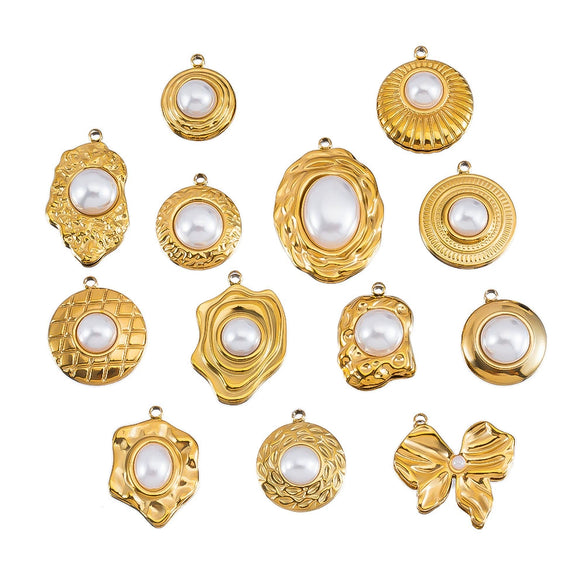Wholesale Jewelry Stainless Steel Imitation Pearl Pendant With Round Irregular Bow Pattern Gold Plated Handmade Accessories
