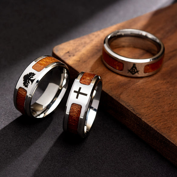 Wholesale Jewelry Stainless Steel Inlaid Acacia Wood Grain Geometric Half Tree Tree Of Life Cross Ring Dripping Oil Style