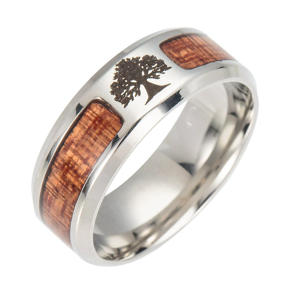 Wholesale Jewelry Stainless Steel Inlaid Acacia Wood Grain Geometric Half Tree Tree Of Life Cross Ring Dripping Oil Style