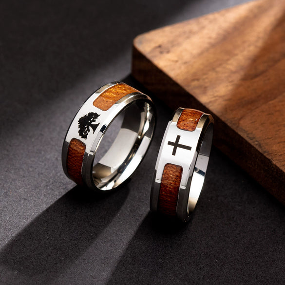 Wholesale Jewelry Stainless Steel Inlaid Acacia Wood Grain Geometric Half Tree Tree Of Life Cross Ring Dripping Oil Style