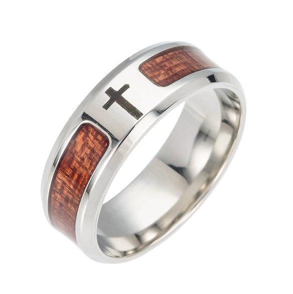 Wholesale Jewelry Stainless Steel Inlaid Acacia Wood Grain Geometric Half Tree Tree Of Life Cross Ring Dripping Oil Style