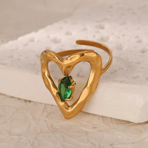 Wholesale Jewelry Stainless Steel Inlaid Green Zircon Geometric French Retro Style Electroplated Ring For Women