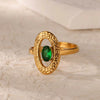 Wholesale Jewelry Stainless Steel Inlaid Green Zircon Geometric French Retro Style Electroplated Ring For Women