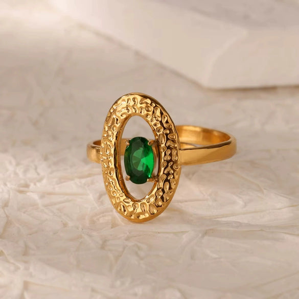 Wholesale Jewelry Stainless Steel Inlaid Green Zircon Geometric French Retro Style Electroplated Ring For Women