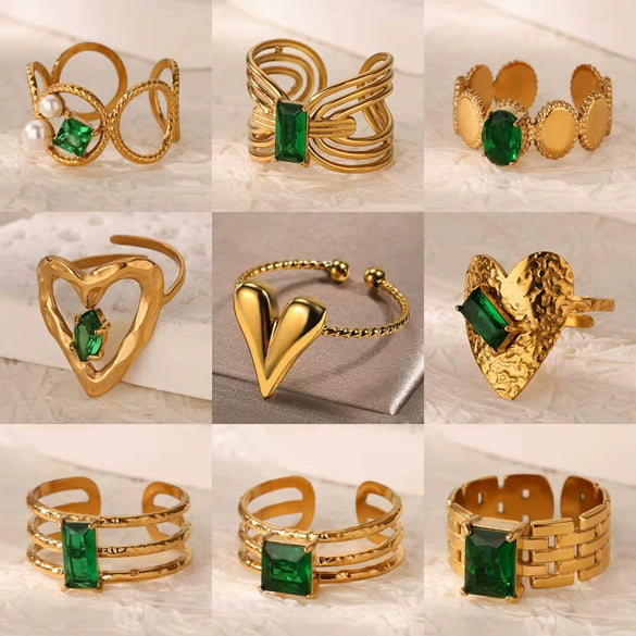 Wholesale Jewelry Stainless Steel Inlaid Green Zircon Geometric French Retro Style Electroplated Ring For Women