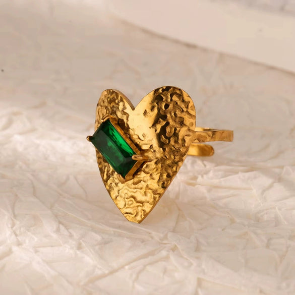 Wholesale Jewelry Stainless Steel Inlaid Green Zircon Geometric French Retro Style Electroplated Ring For Women