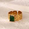 Wholesale Jewelry Stainless Steel Inlaid Green Zircon Geometric French Retro Style Electroplated Ring For Women
