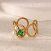 Wholesale Jewelry Stainless Steel Inlaid Green Zircon Geometric French Retro Style Electroplated Ring For Women