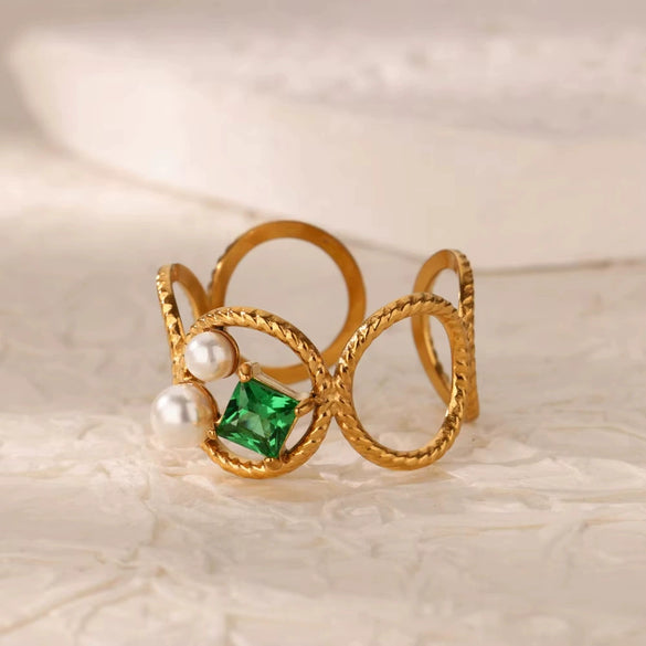 Wholesale Jewelry Stainless Steel Inlaid Green Zircon Geometric French Retro Style Electroplated Ring For Women