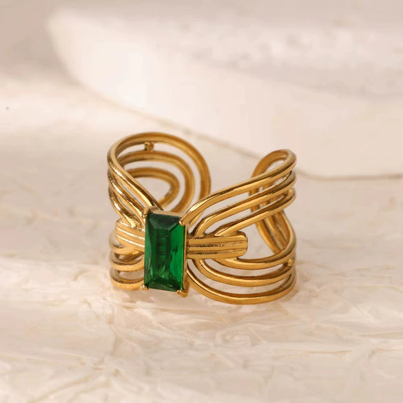 Wholesale Jewelry Stainless Steel Inlaid Green Zircon Geometric French Retro Style Electroplated Ring For Women