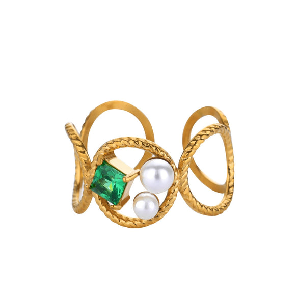 Wholesale Jewelry Stainless Steel Inlaid Green Zircon Geometric French Retro Style Electroplated Ring For Women