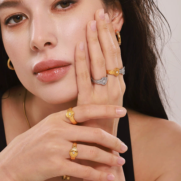 Wholesale Jewelry Stainless Steel Inlaid Zircon Geometric Opening Ring 18K Gold Plated For Women