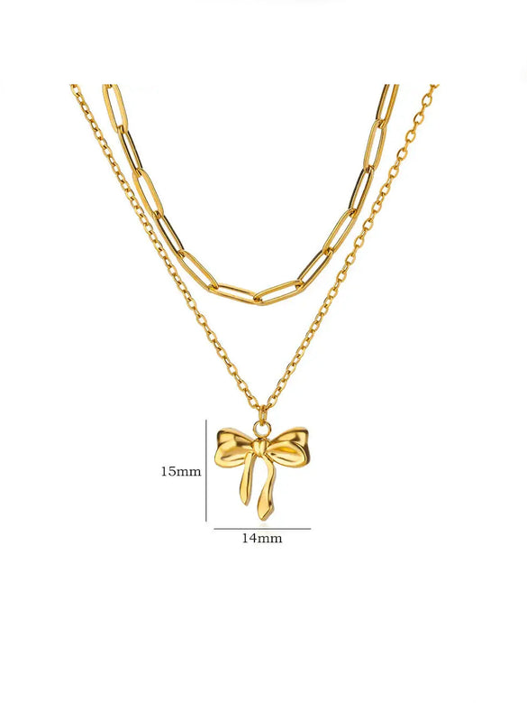 Wholesale Jewelry Stainless Steel 18K Electroplated Bow Cross Chain Double Layer Overlapping Necklace