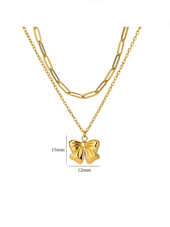Wholesale Jewelry Stainless Steel 18K Electroplated Bow Cross Chain Double Layer Overlapping Necklace