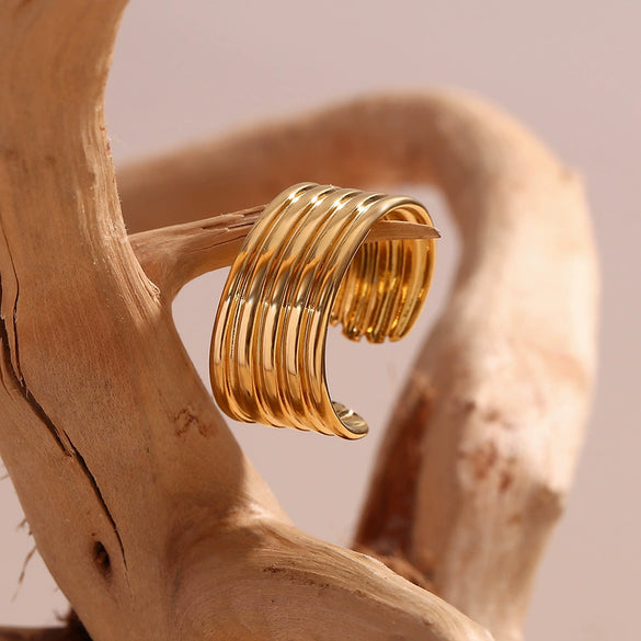 Wholesale Jewelry Stainless Steel 18K Gold Plated Geometric Retro Open Multilayer Striped Ring For Women