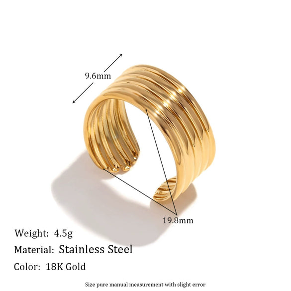 Wholesale Jewelry Stainless Steel 18K Gold Plated Geometric Retro Open Multilayer Striped Ring For Women