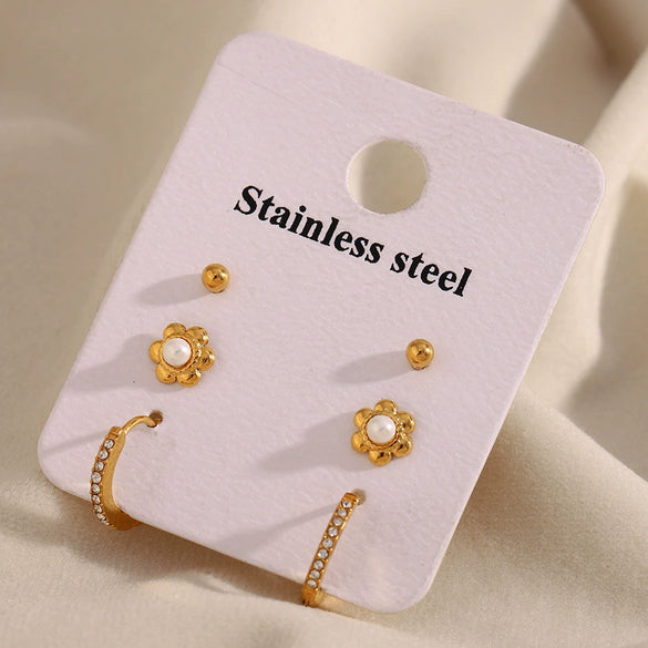 Wholesale Jewelry Stainless Steel 18K Gold Plated Geometric Style Flower Round Star Umbrella Ushaped Earrings And Ring 3Piece Set