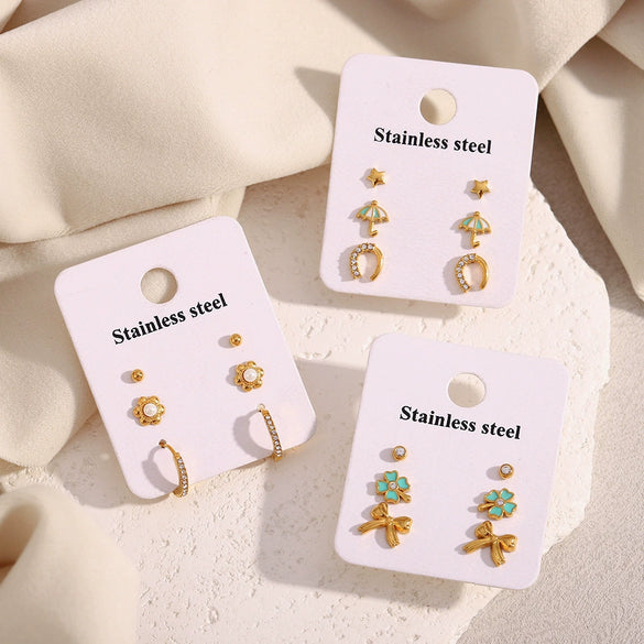 Wholesale Jewelry Stainless Steel 18K Gold Plated Geometric Style Flower Round Star Umbrella Ushaped Earrings And Ring 3Piece Set