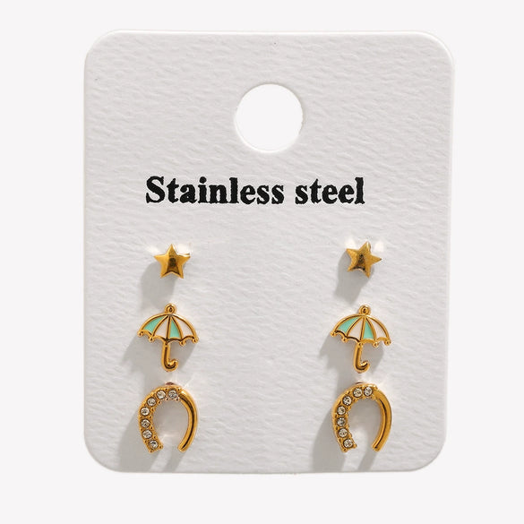 Wholesale Jewelry Stainless Steel 18K Gold Plated Geometric Style Flower Round Star Umbrella Ushaped Earrings And Ring 3Piece Set
