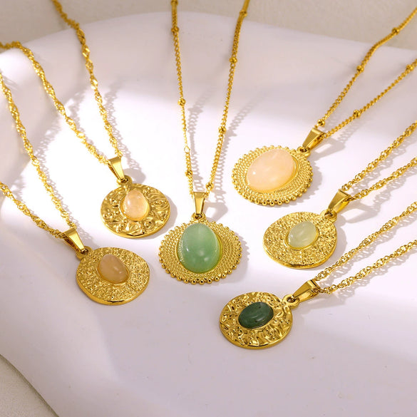 Wholesale Jewelry Stainless Steel 18K Gold Plated Imitation Jade Cross Chain Necklace Unisex