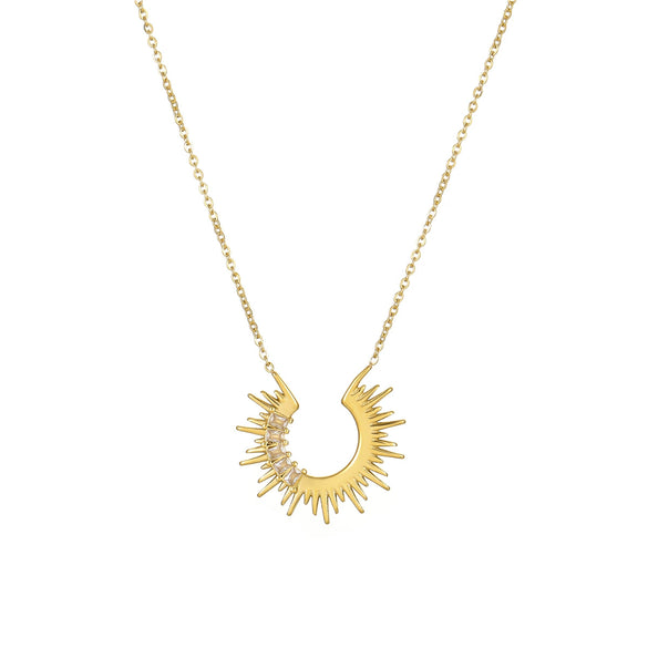 Wholesale Jewelry Stainless Steel 18K Gold Plated Semicircle Sunflower Inlaid White Zircon Necklace For Women Geometric Style