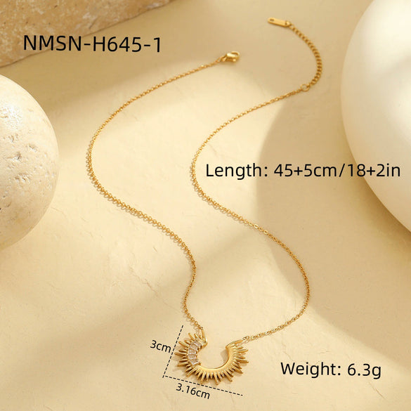 Wholesale Jewelry Stainless Steel 18K Gold Plated Semicircle Sunflower Inlaid White Zircon Necklace For Women Geometric Style