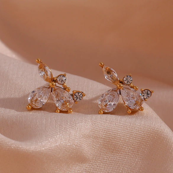 Wholesale Jewelry Stainless Steel 18K Gold Plated Threepetal Flower Zircon Earrings For Women