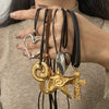 Wholesale Jewelry Stainless Steel Leather Rope Gold Plated Pendant Exaggerated Necklace Retro Geometric Design Titanium Steel