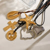 Wholesale Jewelry Stainless Steel Leather Rope Gold Plated Pendant Exaggerated Necklace Retro Geometric Design Titanium Steel