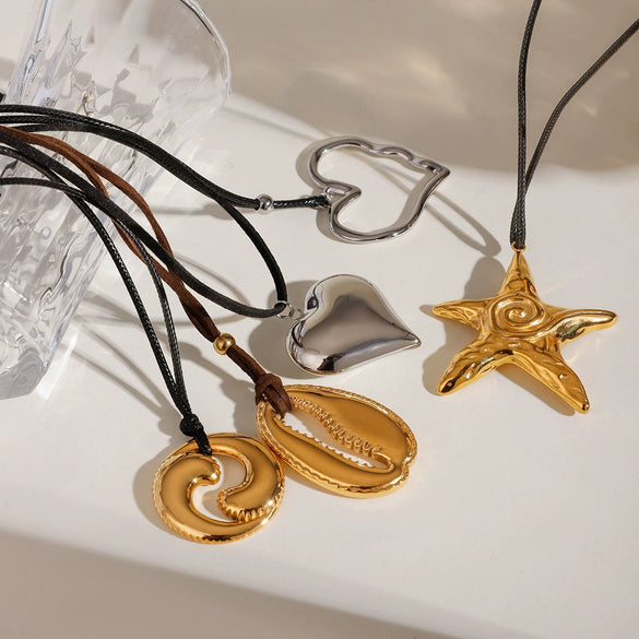 Wholesale Jewelry Stainless Steel Leather Rope Gold Plated Pendant Exaggerated Necklace Retro Geometric Design Titanium Steel