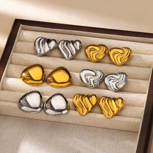 Wholesale Jewelry Stainless Steel Light Luxury Style Geometric Heart Shape Wave Electroplated Earrings For Women