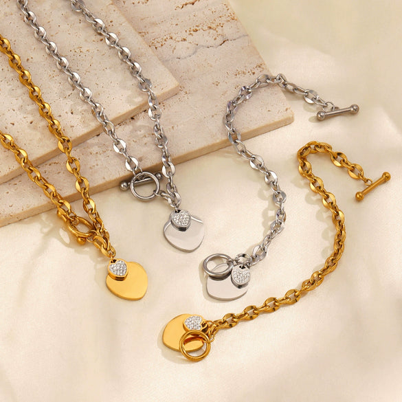 Wholesale Jewelry Stainless Steel Love Water Drops Bell Heart Ochain Necklace Bracelet Jewelry Set Electroplated