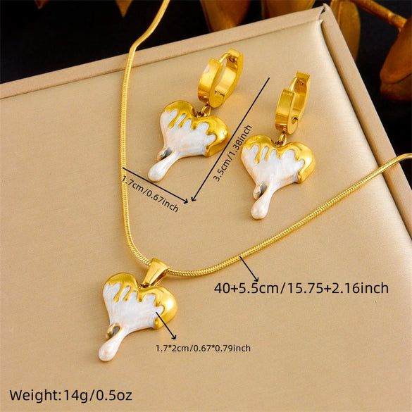 Wholesale Jewelry Stainless Steel Love Water Drops Bells Pendant Necklace Earrings Set Gold Plated Snake Bone Chain