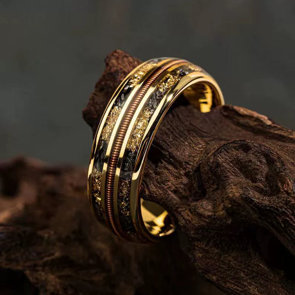 Wholesale Jewelry Stainless Steel Men's Wedding Ring Golden Triple Groove Amber Electroplating Vintage Lowkey Luxury