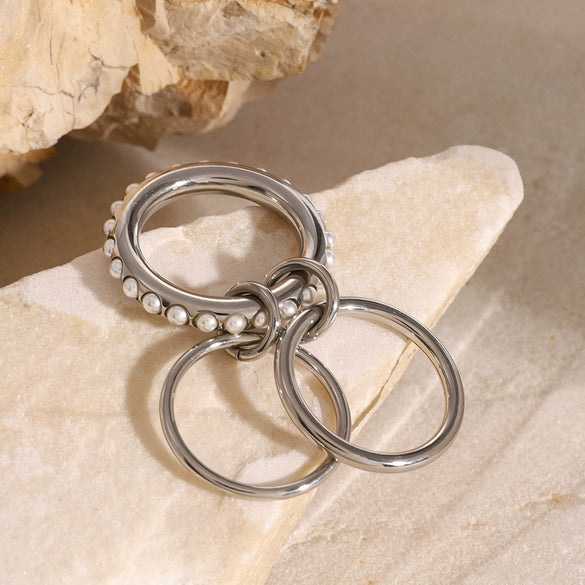 Wholesale Jewelry Stainless Steel Multilayer Stacked Pearl Ring And Titanium Steel Bracelet Geometric Style Electroplated