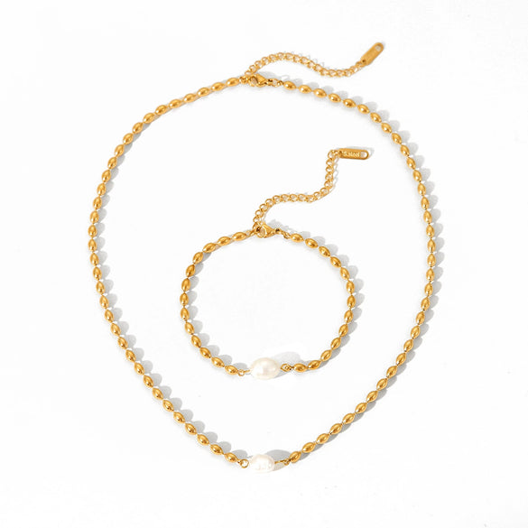 Wholesale Jewelry Stainless Steel Natural Freshwater Pearl Oval Geometric Electroplated Necklace And Bracelet For Women