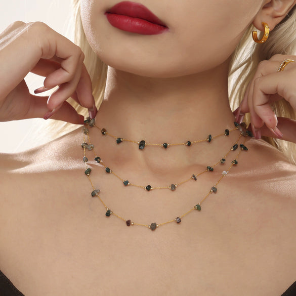 Wholesale Jewelry 316L Stainless Steel Natural Green Crystal Light Luxury Necklace Bracelet Handmade Chain Jewelry