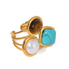 Wholesale Jewelry Stainless Steel Natural Stone Blue Turquoise Tiger Eye Stone Geometric Open Ring Electroplating For Women