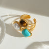 Wholesale Jewelry Stainless Steel Natural Stone Blue Turquoise Tiger Eye Stone Geometric Open Ring Electroplating For Women