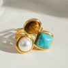 Wholesale Jewelry Stainless Steel Natural Stone Blue Turquoise Tiger Eye Stone Geometric Open Ring Electroplating For Women