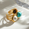 Wholesale Jewelry Stainless Steel Natural Stone Blue Turquoise Tiger Eye Stone Geometric Open Ring Electroplating For Women