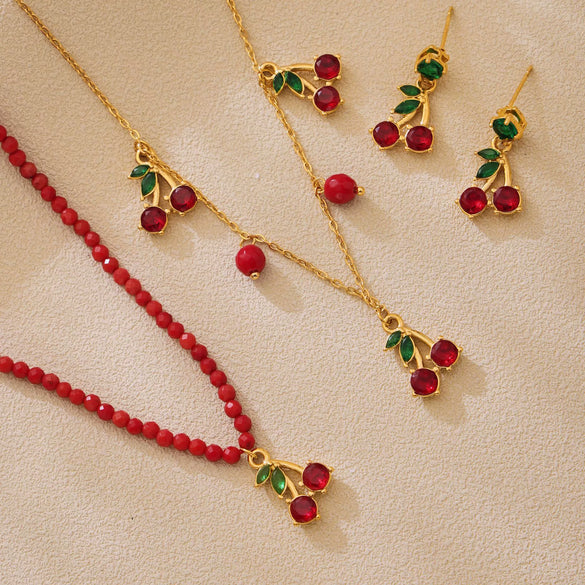 Wholesale Jewelry Stainless Steel Natural Stone Zircon Fruit Shape Electroplating Pendant Necklace Earrings Set