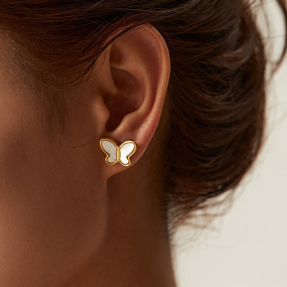Wholesale Jewelry Stainless Steel Natural White Shellfish Butterfly Electroplating Animals Zodiac Earrings For Women